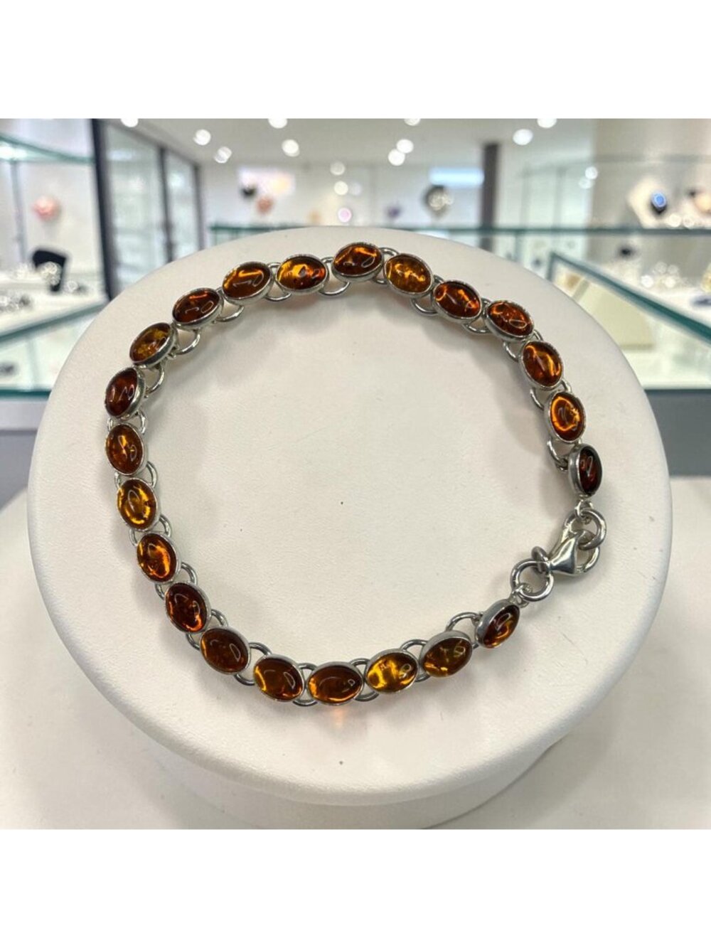 Sterling Silver Amber Bracelet With Oval Stones 7.5 Inches Elegant Jewelry